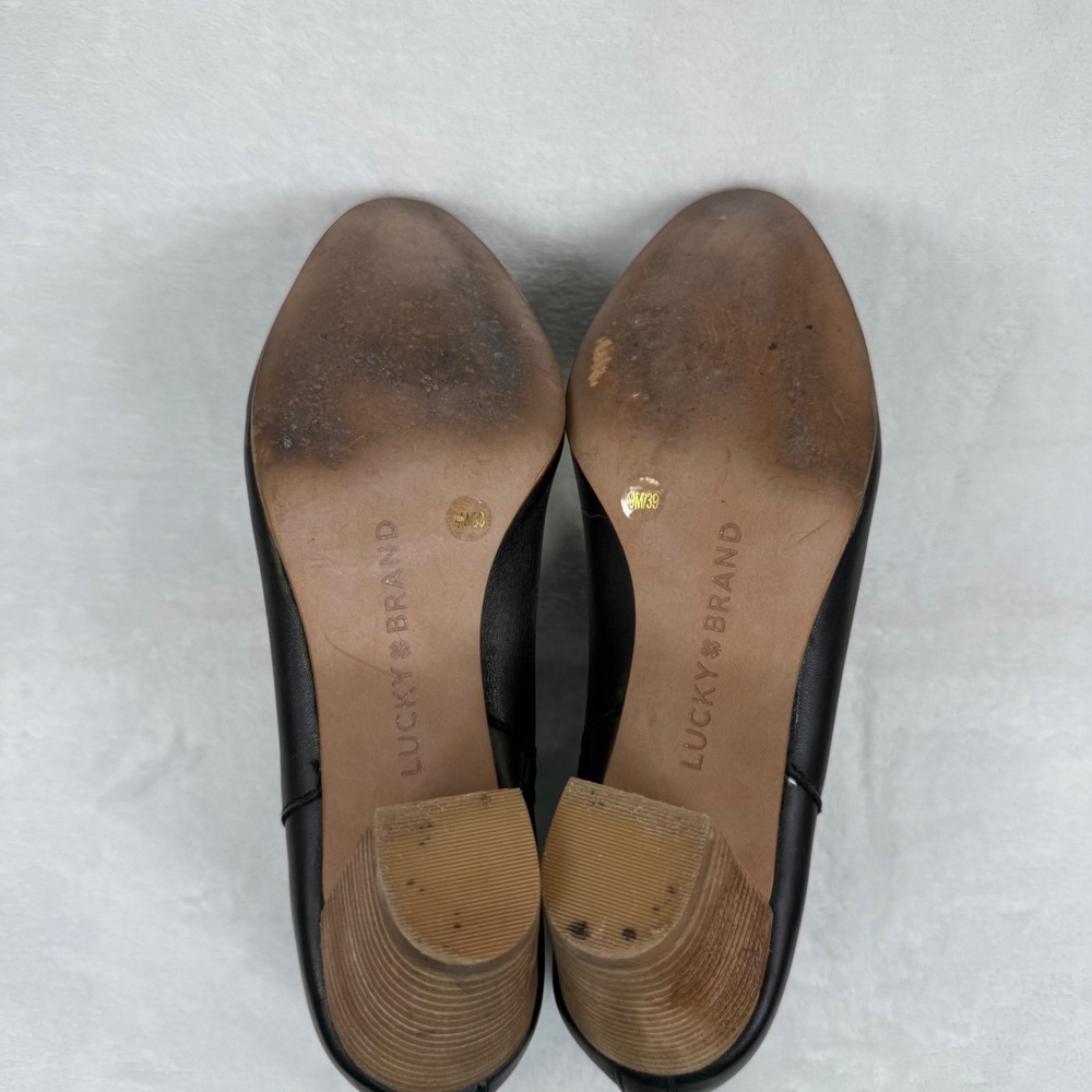 Lucky Brand Womens Black Leather Ankle Bootie Stacked Block Heel Side Zip 9 READ - Picture 9 of 12